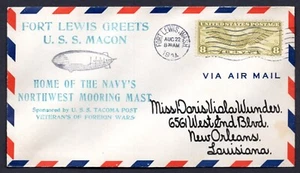 US 1934 U.S.S. MACON ZEPPELIN COVER FORT LEWIS VFW COVER TO NEW ORLEANS - Picture 1 of 2