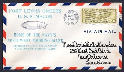 US 1934 U.S.S. MACON ZEPPELIN COVER FORT LEWIS VFW COVER TO NEW ORLEANS - Image 1 of 2