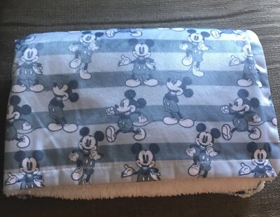 Disney Baby Mickey Mouse Blanket Blue Stripe Plush White Sherpa Back Crib Lovey - Image 1 of 4
