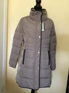 COLE HAAN Women Down Feather Puff Jacket Coat Front Leather Trim Taupe Size L - Picture 1 of 9