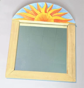 Square Wood Framed Mirror w Curved Top & Hand Carved Painted Sun Sunrise Detail - Picture 1 of 2