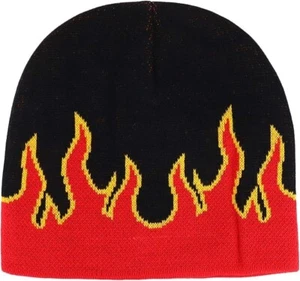 Pinstripe Flames Fire Beanie Stocking Cap Knit Hat Winter Ski Gold Red Black - Picture 1 of 2