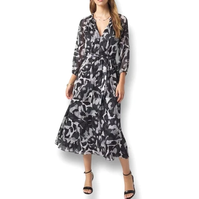 WHBM Black White Abstract Chiffon Belted Midi Dress Sheer Sleeve Cocktail Party - Image 1 of 4