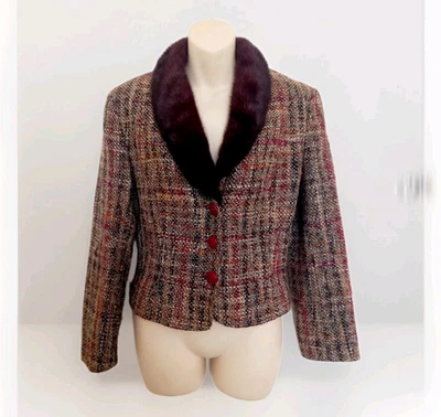 Vtg 80s 90s French GEORGES RECH Tweed Blazer Jacket w/Real Fur Collar M 12 14 UK - Image 1 of 4