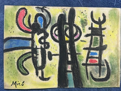 desenho e pintura de joan miro em papel antigo assinado carimbado vintage - Imagem 1 de 3