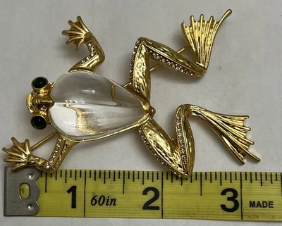 Crystal Rhinestone Frog Brooch Jelly Belly Pin Glass Clear Large Green Eye Toad - Image 1 of 4