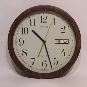 Clock Seiko Round Quartz Wall Clock Date & Day QXL004BR Faux 12" Faux Wood Case - Picture 1 of 4