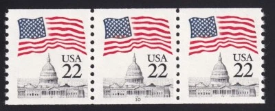 2115 Flag over Capital Dome – 22c PNC strip of 3 Plate # 10 Unused NH F-VF - Image 1 of 2