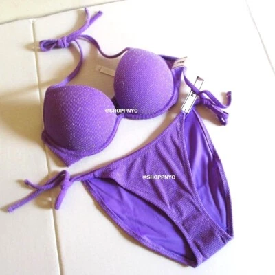 Conjunto de Bikini VS PINK SWIM L/M Super Push-Up Top +2cp Plateado Lurex 36C 36D 38B 38C Foto 1 de 4