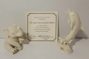 Lote de 2 ~ Esculturas de Elefantes y Delfines Lenox Fine China y Oro 24 k ~ Certificado de Autenticidad - Imagen 1 de 10