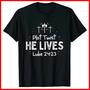 Plot Twist He Lives Cross Funny Christian Easter Day Quote Black T-Shirt S-5XL - Picture 1 of 3
