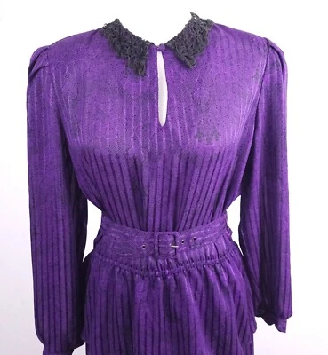Vintage Goth Purple Black Lace Collar Secretary Dress 80s Halloween Wednesday M - Image 1 of 4