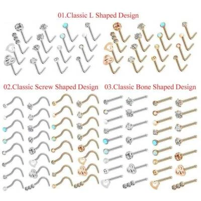 16PCS Surgical Steel Nose Ring L/Screw/Bone Shaped Bar CZ Ear Studs Piercing 20G - Image 1 of 4