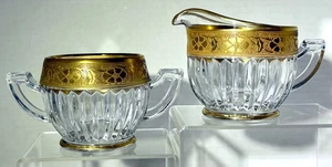 Raro set zuccheriera e crema aperta Heisey cristallo rigato ornato fascia oro 24 carati - Foto 1 di 11