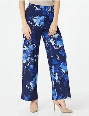 Pantalones Isaac Mizrahi Azul Marino Alto Estampado Floral Guijarro Tejido Pierna Ancha Nuevos Foto 1 de 4