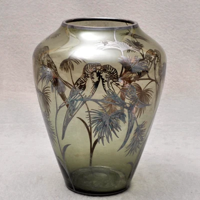 Wunderschöne grünliche Glasvase mit Silberoverlay Papageien, Spahr(?), 30er/40er - Bild 1 von 4