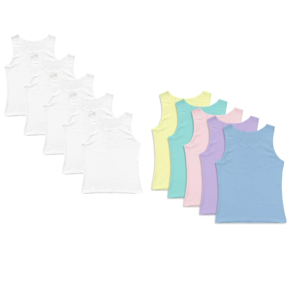 BELVIAN GIRLS KIDS 5 PACK VEST 100% COTTON UNDERWEAR AGE 2-14 WHITE PASTEL