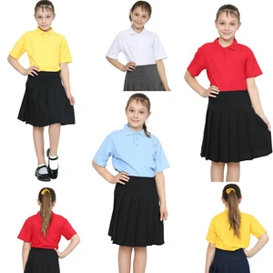Girls Polo Shirt Plain Polo T Shirts School Uniform Polycotton - Picture 1 of 19