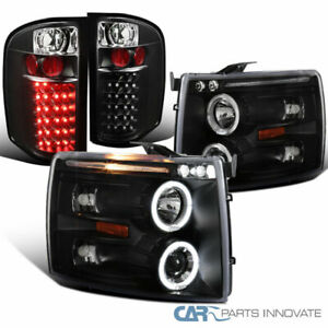 Fits Chevy 07-14 Silverado Black LED Halo Projector Headlights+Tail Brake Lamps