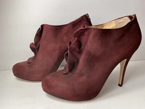 Valentino Garavani Suede Ankle Boots Heels Ruffles Burgundy 37.5/7 - Picture 1 of 13