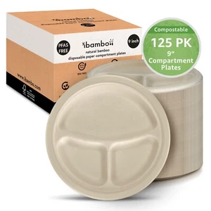 Ibambo Bamboo Disposable Compartment Plates - 9 Inch, 125 Pack, Compostable - Picture 1 of 9