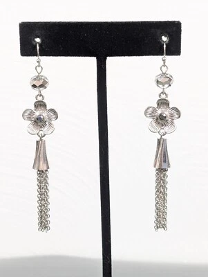 Brincos pendentes de borla corrente flor tom prata boho contas de vidro perfuradas - Imagem 1 de 4