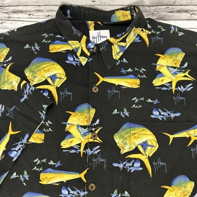 GUY HARVEY Aftco BlueWater Short Sleeve Shirt Men's 2XL Black Tropical Fish - Изображение 1 из 4