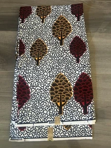 African Fabric Tribal Wax Print Ankara 6 Yards Black White w/ Red Yellow Trees - Picture 1 of 4