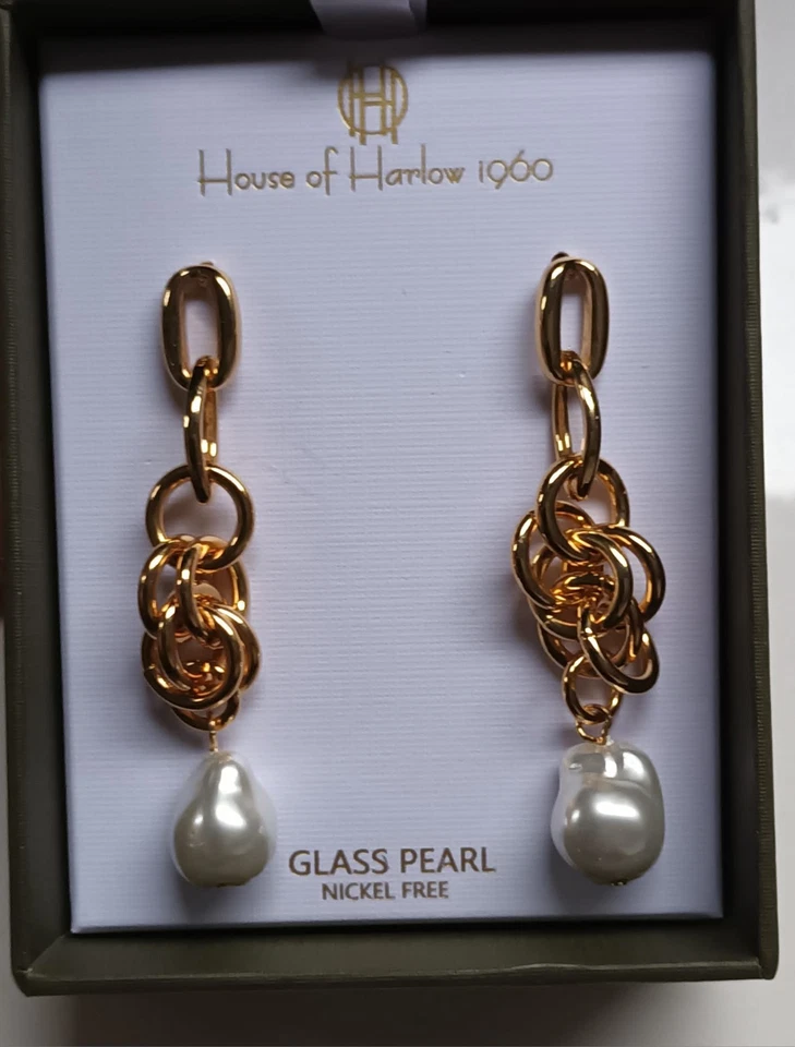 Brincos House of Harlow 1960 gota de ouro pérola de vidro declaração pendente sem níquel - Imagem 1 de 4