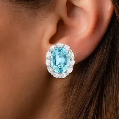 15Ct Oval Cut Lab Created Aquamarine Halo Stud Earrings 14K White Gold Plated - Image 1 of 4