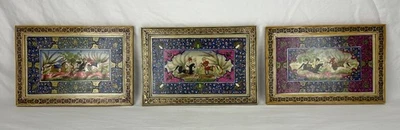 Juego de 3 pinturas en miniatura persas vintage de escenas de caballos de polo marcos Khatam Foto 1 de 4