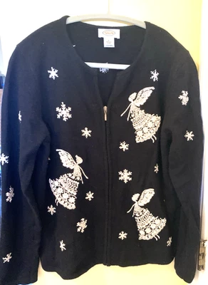 Talbots Mujer L Negro Vacaciones Navidad Lana de Cordero Angora Ángel y Copos de Nieve Foto 1 de 4