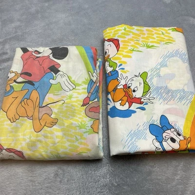 Vintage 70s Disney Sheet Set Twin Flat Fitted Mickey Mouse Donald Duck Rainbow - Image 1 of 4
