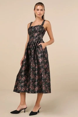 Lulus Envied Essence Black Jacquard Floral Corset Dress Midi Sz XL Bridgerton - Image 1 of 4