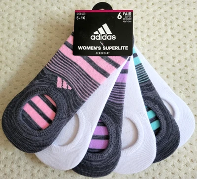 adidas WOMEN 6 PACK Superlite Wicking Striped Super No Show Athletic Socks 5-10 - Image 1 of 4