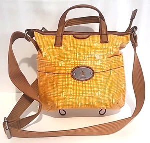 Fossil Key-Per Coated Canvas Orange Checkered Crossbody Shoulder Leather Handbag - Picture 1 of 24