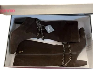 NIB CONNIE Cecilia Suede/Leather Tall Knee High Heel Boots Zipper Chain Harness - Picture 1 of 13