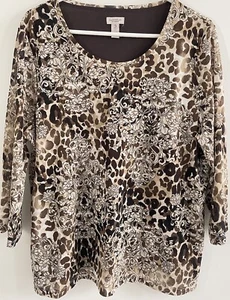 Chicos Easywear top blouse sz 3 women XL Leopard animal floral Mesh brown layer - Picture 1 of 5