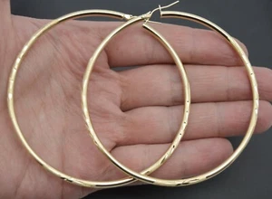 10k Solid Yellow Gold big Large hoop Diamond Cut Earrings 80mm x3mm 3'' 6.5gr - Picture 1 of 5