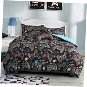 Gaming Size Comforter Set Blue Grey Color for Gamer Video Games Player 4 Twin - Picture 1 of 8