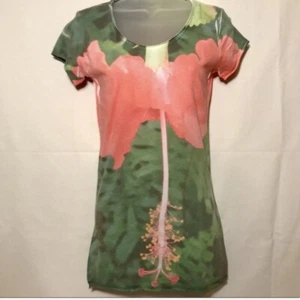 Damen-T-Shirt Rundhalsausschnitt tailliert Hibiskus Grafikdruck Größe Small neu mit Etikett - Bild 1 von 7