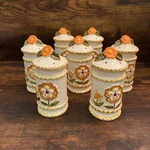 Vtg Retro 1970's Embossed Salt Pepper Shakers Country Floral Green Orange Brown - Picture 1 of 7