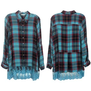Soft Surroundings Adeline Blue Plaid Lace him Tab sleeves Tunic Size S - Picture 1 of 17