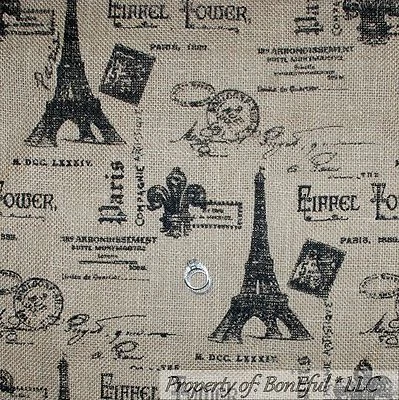 BonEful Fabric FQ Woven BURLAP Brown Black Eiffel Tower Fleur De Lis French Chic - Image 1 of 4