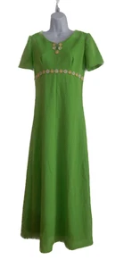 1960s NEON SPRING GREEN MAXI DAISY DRESS FLOWER POWER SIZE MEDIUM EMPIRE WAIST - Picture 1 of 5