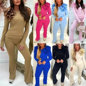 Women's Ruffle Frill Top & Palazzo Trouser Co-Ord Tracksuit Lounge Set - Picture 1 of 8