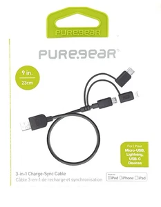 PureGear 3-in-1 9" Charge Sync Cable – Black | Micro USB, USB-C - Picture 1 of 1
