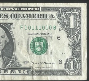 (TRUE BINARY/NEAR SUPER REPEATER!) 1 $ seltene binäre ausgefallene Seriennummer F10111010B - Bild 1 von 3