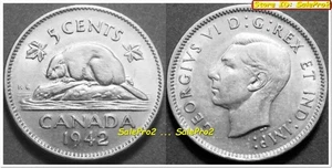 KANADA 1942 KANADISCHER KÖNIG GEORGE VI NICKEL BIBER VINTAGE SELTENE 5 CENT MÜNZE - Bild 1 von 2