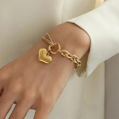 Pulsera de eslabones de corazón de acero inoxidable para mujer cadena pulida duradera joyería Foto 1 de 4